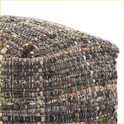 Pouf with Braided Design, Recycled Denim for Living Room | Khaki | Fabric