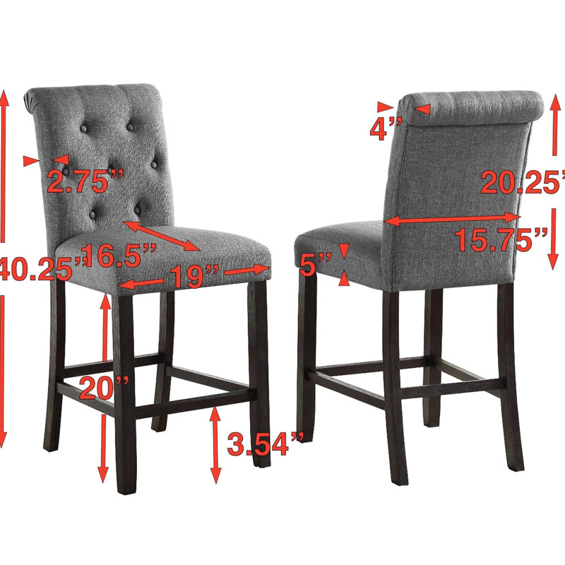 Tabouret de comptoir gris, 2 pièces. Fabrication en bois massif au design élégant. Sièges et dossiers rembourrés pour un siège relaxant. Pieds en bois. Chaises à haut dossier légèrement arquées. L 23 po x P 19 po x H 39,11 po