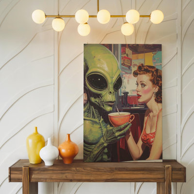 Wall Art Alien Diner Encounter Canvasretro 1950S Meets Extraterrestrial Art Canvas Ready To Hang Gallery Wrapped Home Decor Modern Design