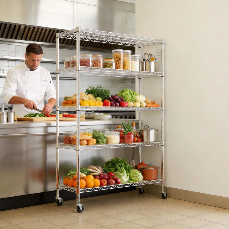 Étagère robuste à 5 niveaux en fil métallique, support de rangement polyvalent en métal d'une capacité de 1650 lb, tablettes réglables, roues et pieds de nivellement pour une utilisation polyvalente