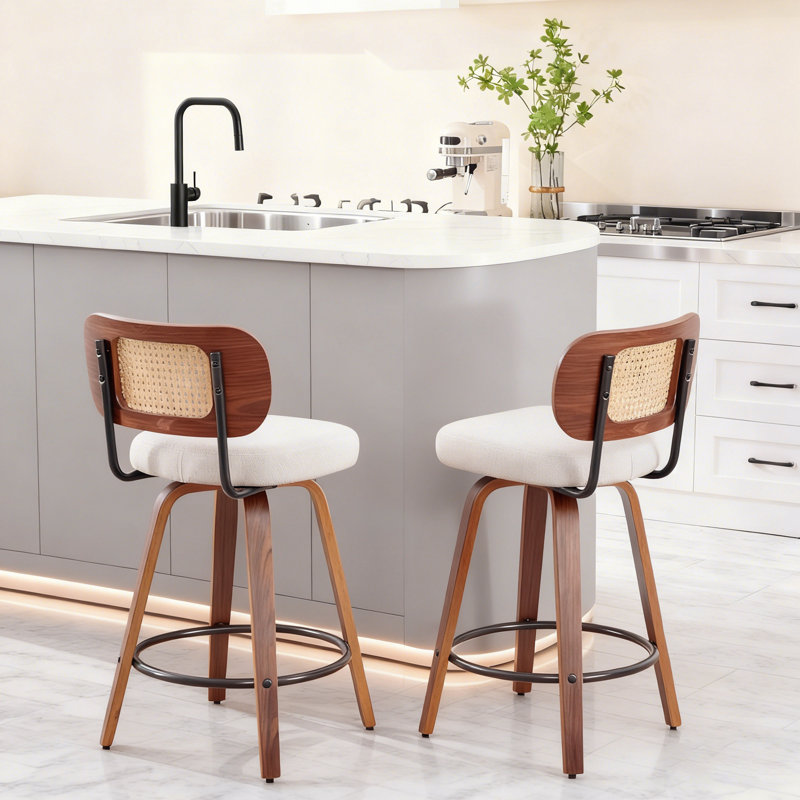 Tabouret de bar pivotant rembourré avec dossier en rotin (ensemble de 2), Beige