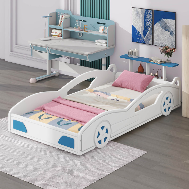 Twin Wooden Race Car Bed – Car-Shaped Platform Bed With Wheels, White/Blue
