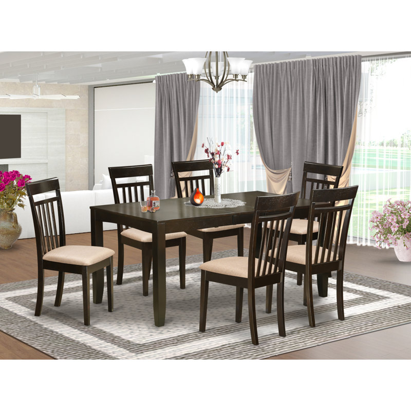 7 Piece Dining Room Table Set Consist of a Rectangle Wooden Table with Butterfly Leaf and 6 Linen Fabric Kitchen Dining Chairs, Cappuccino