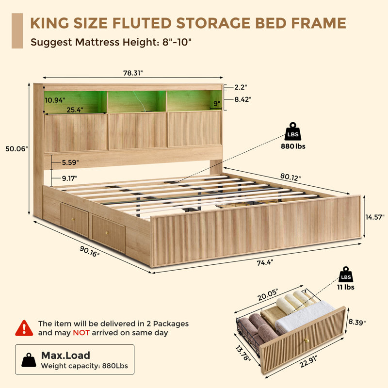Bed Frame with Storage Headboard, LED Lights/Storage Headboard Charging Station, Modern 4-Drawers with Fluted King Size Wood Platform Bed Frame