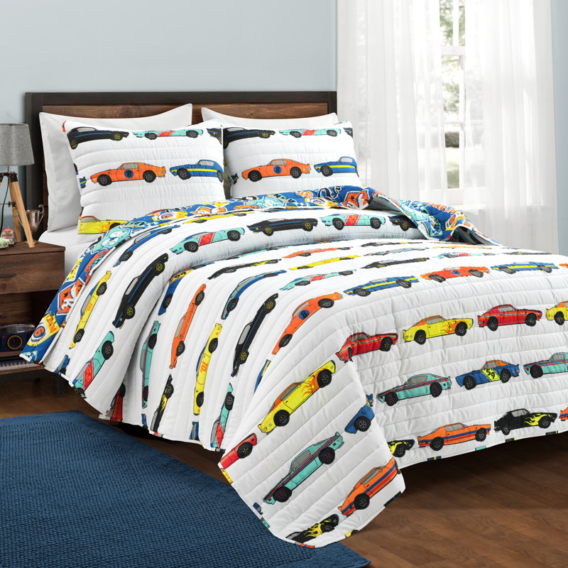 Ensemble de courtepointe réversible Race Cars, Courtepointe double / grand et 2 taies décorative, Blanc / multicolore