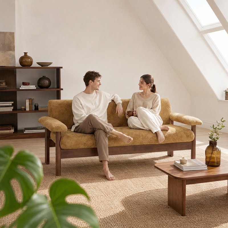Canapé minimaliste à deux places en chenille - Sofa moderne capitonné avec accoudoirs rembourrés et coussin d'assise amovible