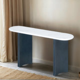 Rustic Narrow Console Table With Oval Faux Marble Top & Curved Legs, Entryway & Living Room Accent Table