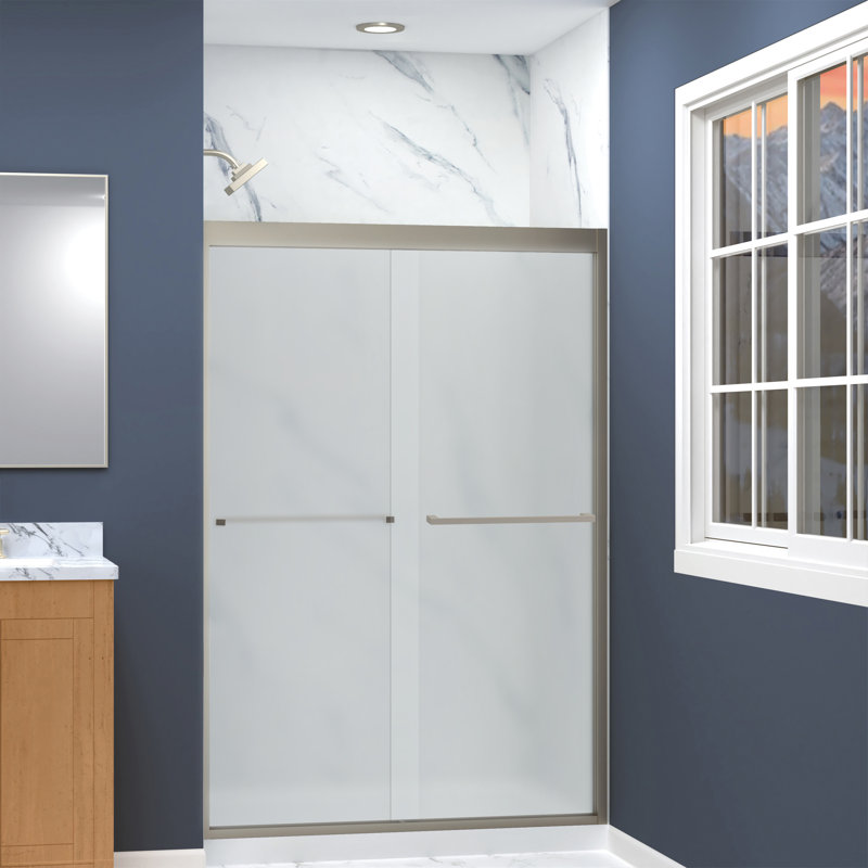 Porte de douche sans cadre Transoli Frederick de l 48 po x H 70 po, verre trempé givré de 5/16 po, Nickel