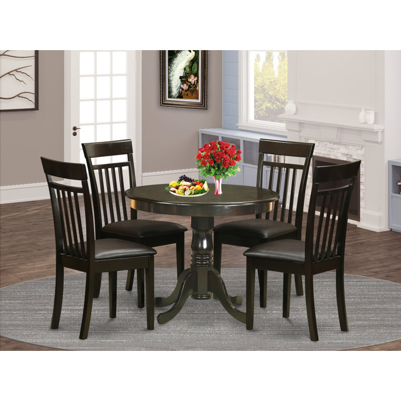 Ensemble de 5 pièces pour 5 pièces comprenant une table de cuisine ronde avec piédestal et 4 chaises de salle à manger rembourrées en similicuir, cappuccino