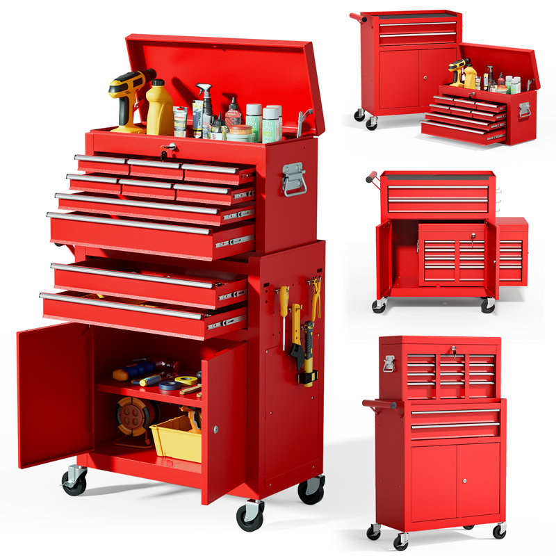 Ensemble de 10 tiroirs en acier de 24,2 po de largeur avec roulettes (rouge), Rouge