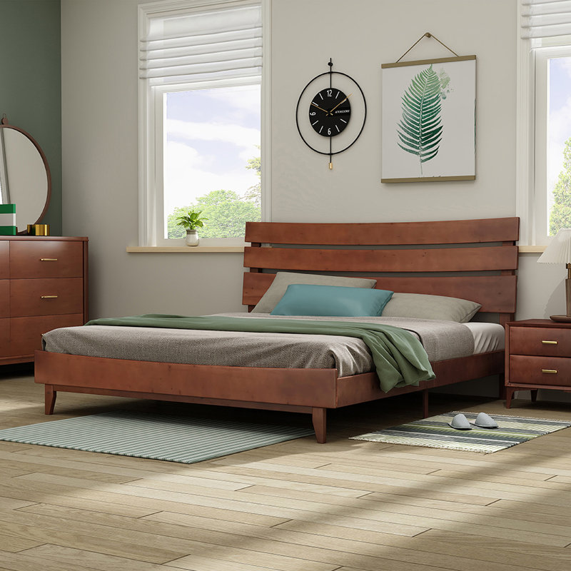 45'' Mid-century Solid Wood Bed Frame With Headboard, Walnut, Queen