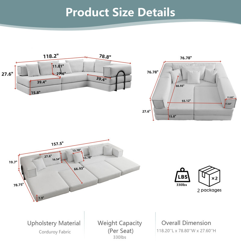 Oversized Modular Sectional Sofa – 118.2" L-Shaped Floor Couch Set with 6 Pillows, DIY Combination Corduroy Sofa for Living Room, No Assembly Required (300 lb Capacity)