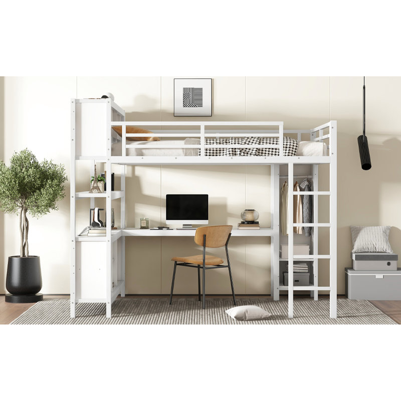 Queen Loft Bed With Desk And Wardrobe, Metal, White, Heavy Duty, Space Saving, Easy To Assemble Size Metal Solid Build, Put Together