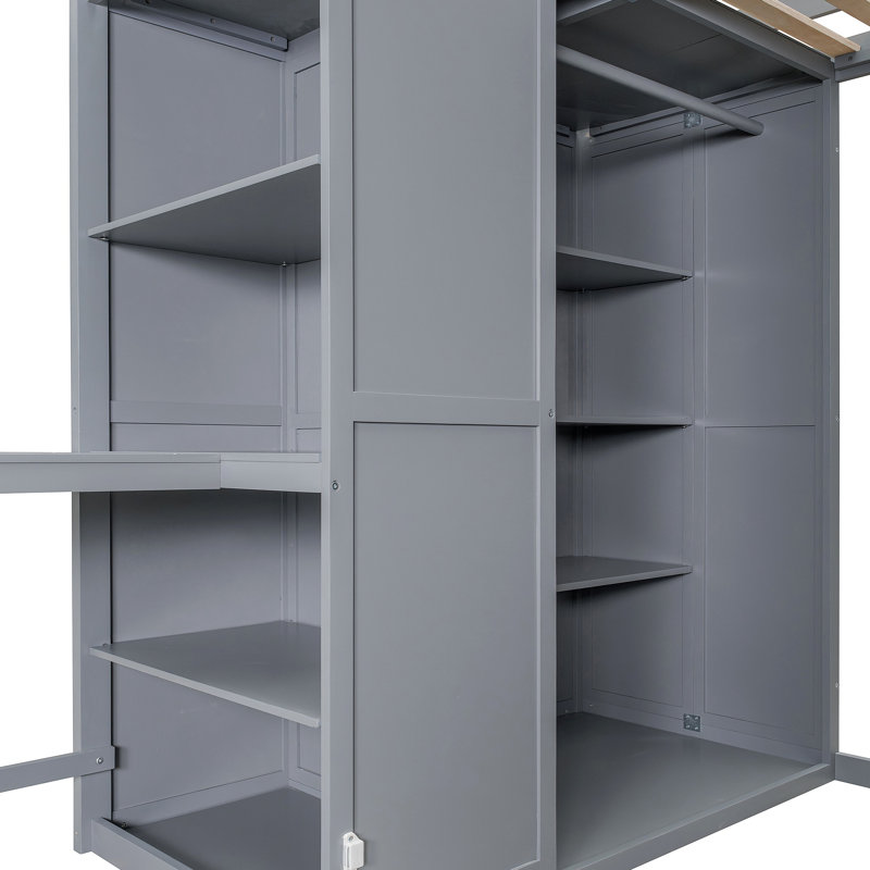 Lit mezzanine avec garde-robe, bureau et tablettes, Gris