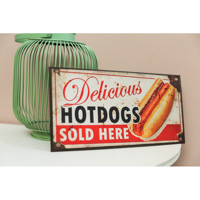 Delicious Hot Dogs Advertisement on Metal