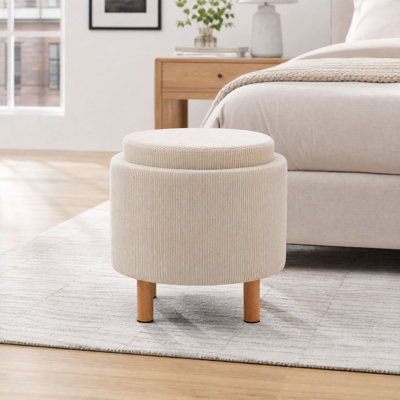 Pouf de rangement rond de 42 cm de haut avec couvercle amovible et pieds en bois massif
