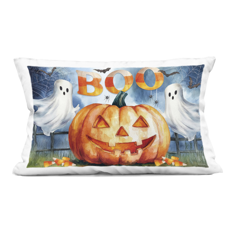 Coussin décoratif Boo Ghost & Jack-o-Lantern, Bleu d'Halloween 1, Rectangle H 14 po x l 20 po