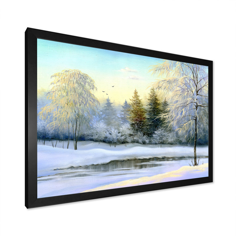 «Beautiful Winter River Landscape Pendant Sunset», peinture sur toile, H 30 po x l 40 po, Cadre photo noir