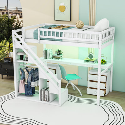 Lit mezzanine en bois avec bureau, lumière DEL, tiroirs de rangement et escalier