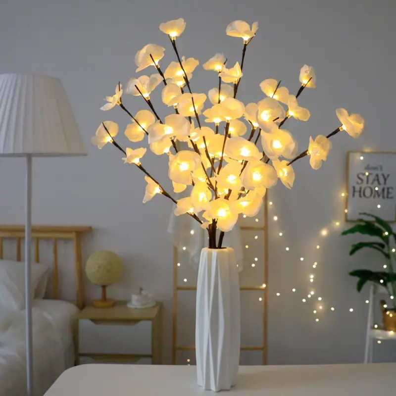 Bouquet de 2 fleurs artificielles lumineuses Phalaenopsis, soutien alimenté par pile (pile non incluse), Blanc