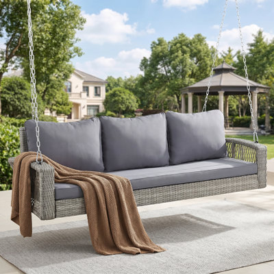 3 Seat Outdoor Patio Swing with Removable Cushions Heavy Duty PE Wicker Porch Swing for Backyard Porch Garden，Grey