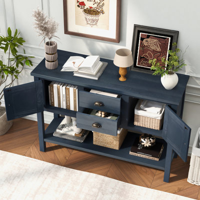 Console en bois avec 2 tiroirs, armoires et tablette inférieure