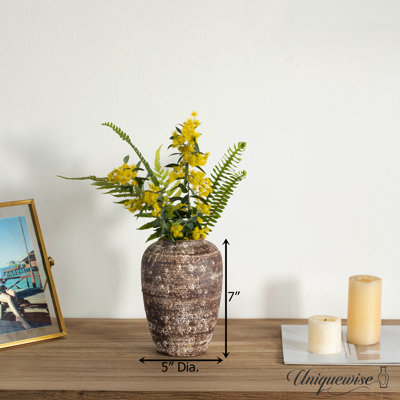 Uniquewise 7'' Textured Vintage Inspired Ceramic Vase Perfect For Displaying Faux Flowers Branches & Pampas Grass For Farmhouse Decor Living Room Bedroom Kitchen Office Dining Table Centerpiece, Brown