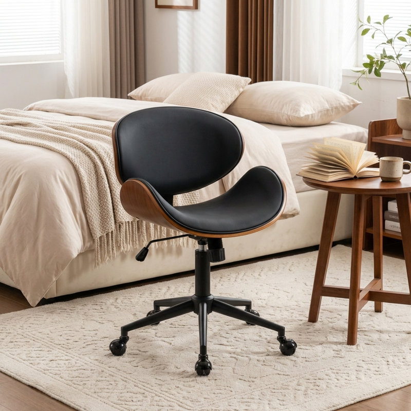 Upholstered Office Chair Adjustable Height Desk & Task Chair With Bentwood Faux Leather Swivel Chair With Metal Frame