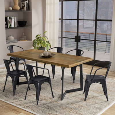 Ensemble repas industriel rustique 7 pièces avec table en bois de manguier massif et 6 chaises rembourrées Larkin