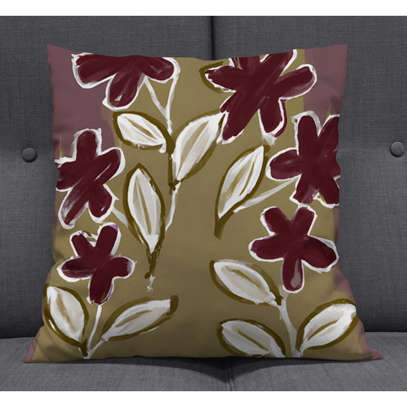 Throw Pillow With Insert, Brown/Red Floral 4, 16"H x 16"W