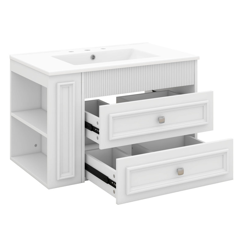 Meuble-lavabo mural 30 po, meuble-lavabo flottant avec lavabo en céramique, armoire de rangement avec 2 tiroirs, Blanc