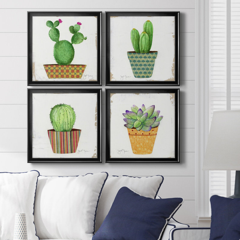 Boho Cacti I - ensemble de 4 peintures sur toile encadrées, H 26,5 po x l 106 po x P 1,5 po, Noir