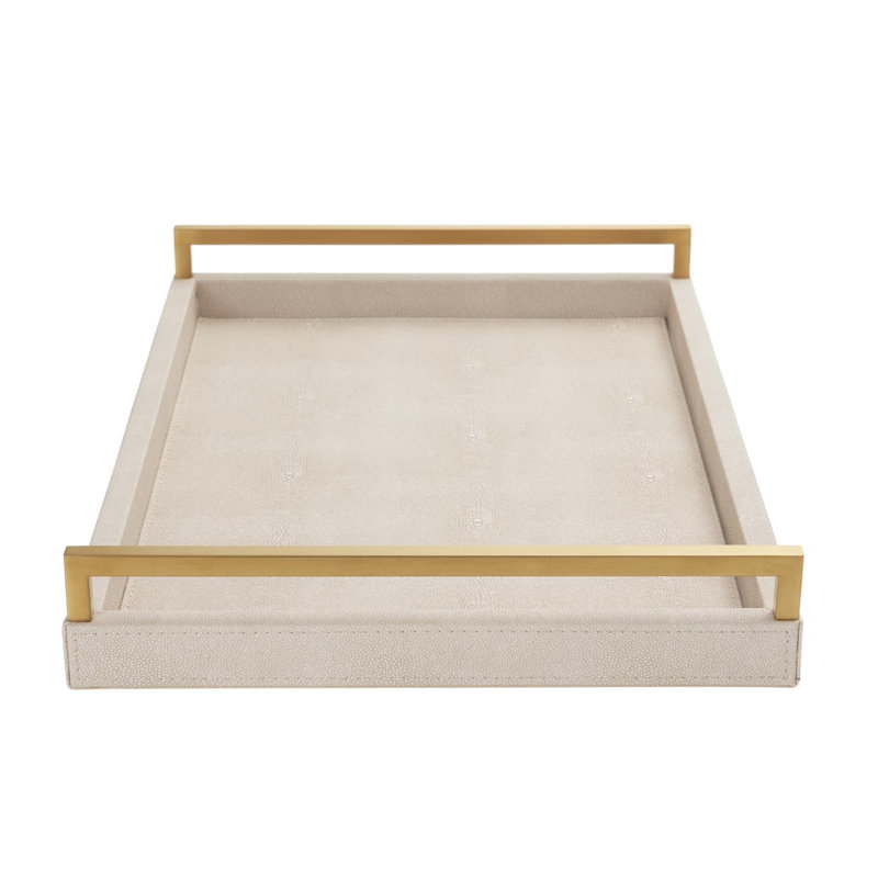 Ivory Sharkskin Leather Wooden Tray With Gold Handles Home Decor Storage