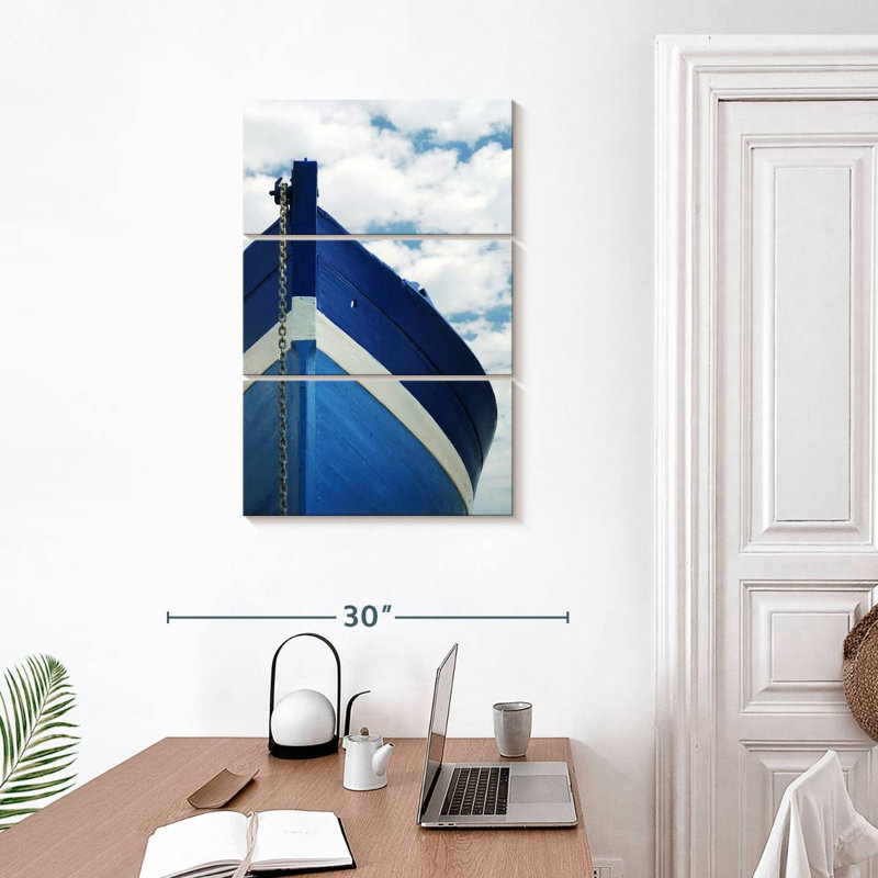 Mehar Anchored Blue Fishing Boat, 32" H x 20" W