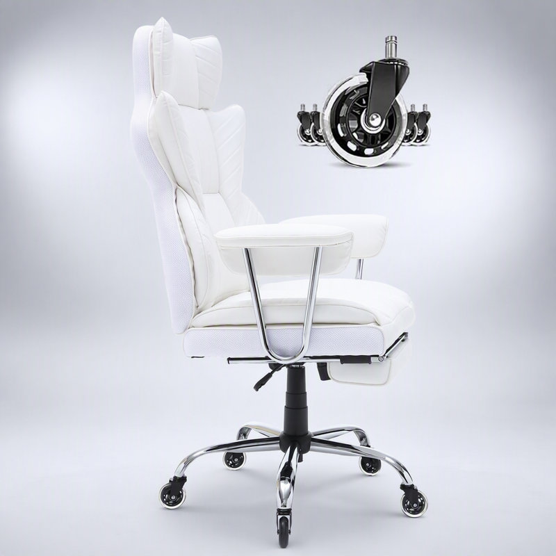 Fauteuil de bureau inclinable avec repose-pieds, revêtement en cuir PU résistant, assise large, soutien lombaire, base métallique robuste, roulettes silencieuses, blanc
