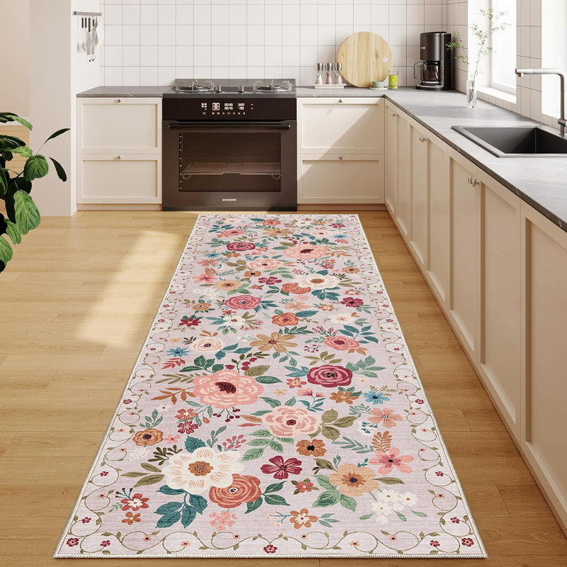 Floral Washable Kitchen Rug, Runner 2' x 6', Beige