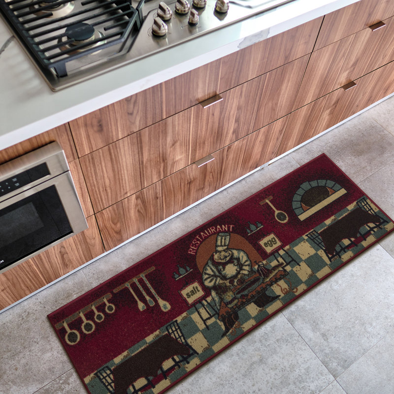 Red Chef Design Non-Slip Kitchen Runner Rug, 20" x 59"