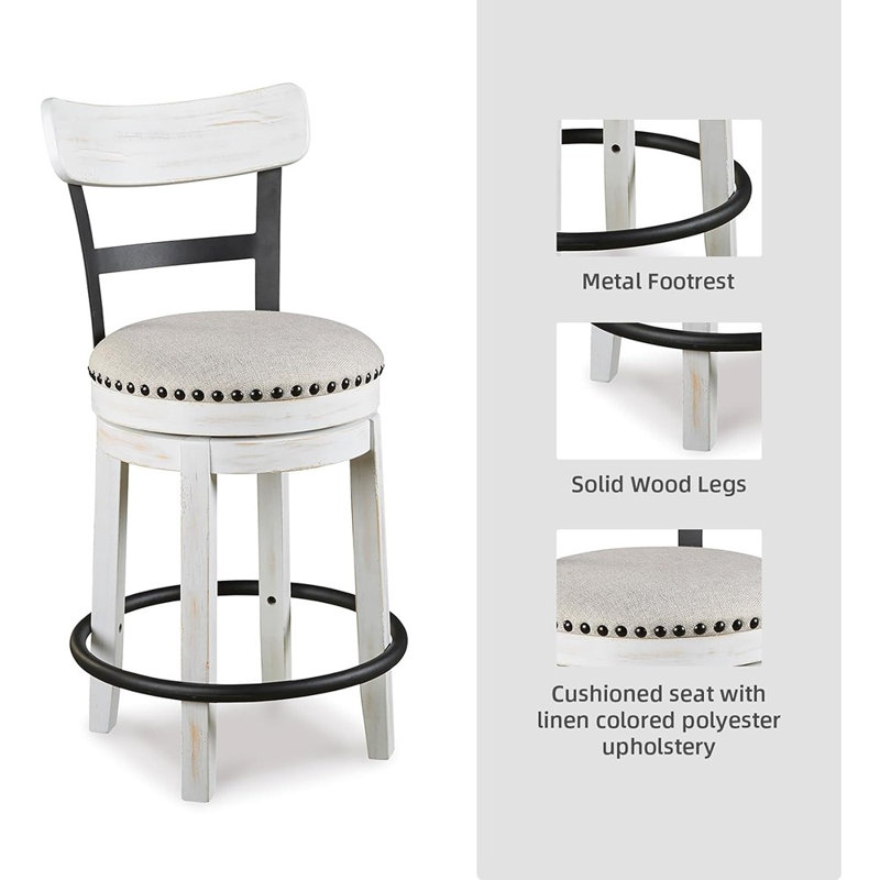 Modern Swivel 24.5" Counter Height Barstool – Rustic-industrial Whitewash, Upholstered Cushion, 360° Swivel, Nailhead Trim, White Wash