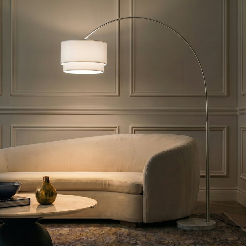Lampe sur pied à DEL arquée moderne réglable de 81 po avec finition argentée, abat-jour tambour en tissu et base de marbre lestée Mason, ampoule incluse