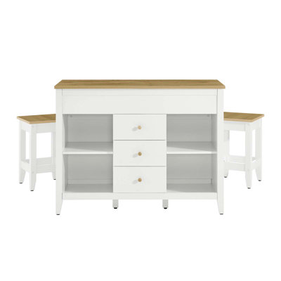 Farmstead 3-Piece Kitchen Island And Stool Set In Oak White