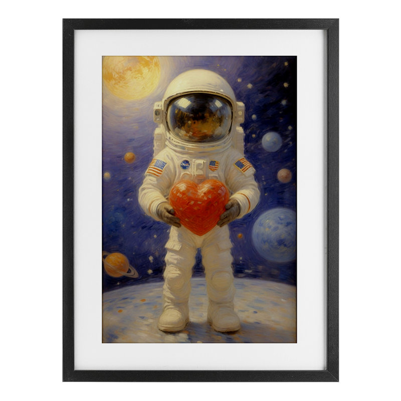Astronaute tenant un cœur, reproduction sous verre, conception par Angie Hawke, H 20 po x l 14 po, Cadre noir minuit