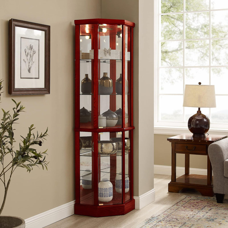 Vitrine de coin éclairée à 6 tablettes avec tablettes réglables en verre trempé et miroir arrière, cerisier (ampoule E26 non incluse)