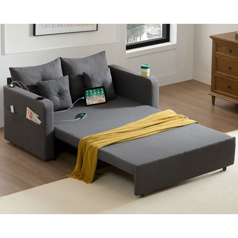 56" 3 in 1 Square Arm Sofa Bed Convertible Loveseat Pull-Out Sleeper Sofa Couch with USB and Cup Holders, Dark Gray