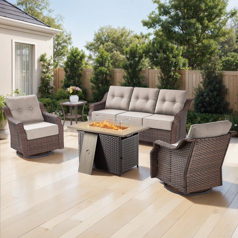 Sami 5-Piece Wicker Patio Furniture Set With Fire Pit Table, 6-Inch Ultra Thick Cushioned 360° Swivel Glider Chairs, Beige