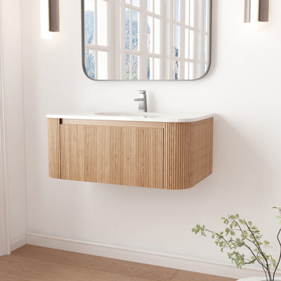 Meuble-lavabo mural 36 po avec comptoir en marbre artificiel blanc, lavabo en céramique, conception courbée avec rayures, pré-assemblé