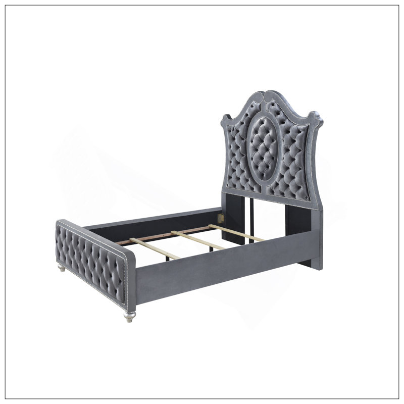 Tête de lit capitonnée 1pc avec revêtement luxueux et garniture cloutée complexe à motif de losanges touffeté à motif moderne gris argenté