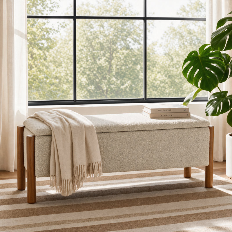 Banc de rangement rembourré moderne de 47 po avec pieds en bois de noyer, Beige