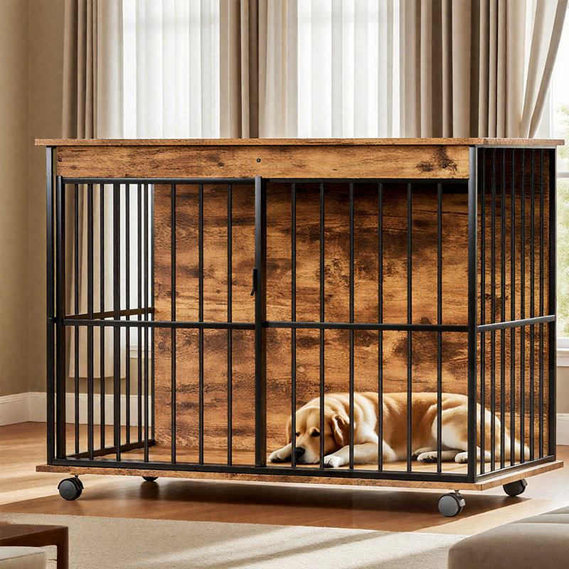 Cage pour chien avec plateau et roues, Noyer / noir