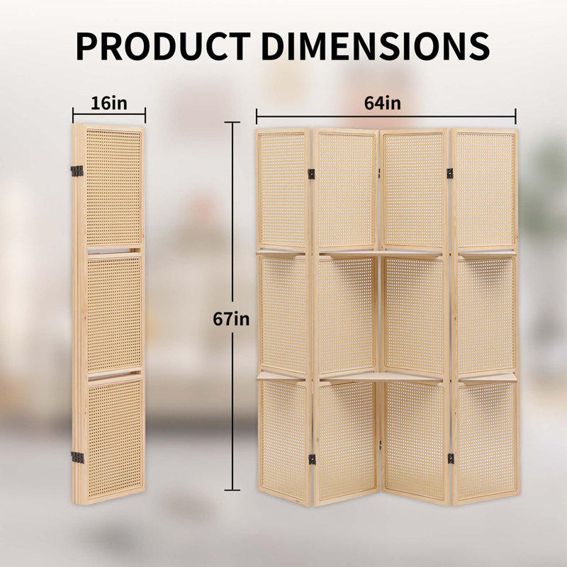 Paravent pliant en rotin à 4 panneaux pour mur de séparation d'intimité avec tablettes