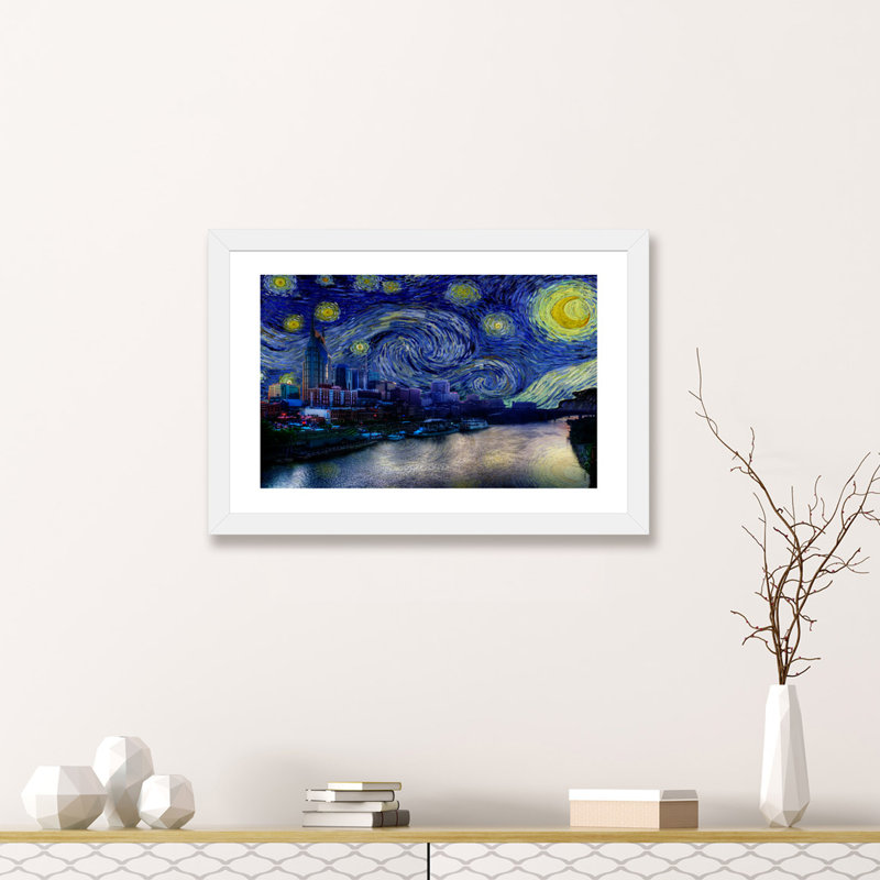 Nashville, Tennessee, nuit étoilée, impression d'art graphique, H 24 po x l 32 po x P 1 po, Papier encadré blanc